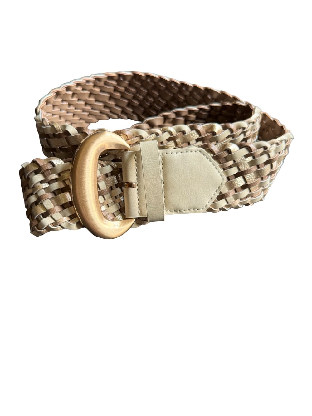Maurices Beige, Cream & Brown Woven Stretch Belt with Gold Buckle